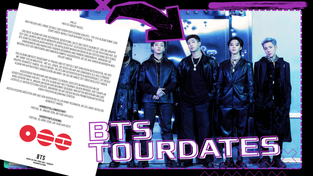 Größtes Comeback 2026: BTS kündigen Tourdaten und Datum für Album-Presale an.
