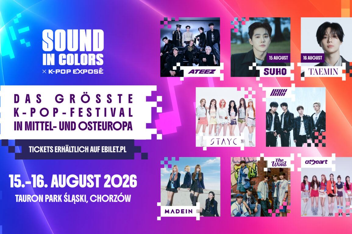 ATEEZ, TAEMIN, SUHO, iKON und STAYC live an einem Wochenende: Alle Infos zum Sound in Colors K-POP EXPOSÉ am 15. und 16. August 2026 in Chorzów, Polen.