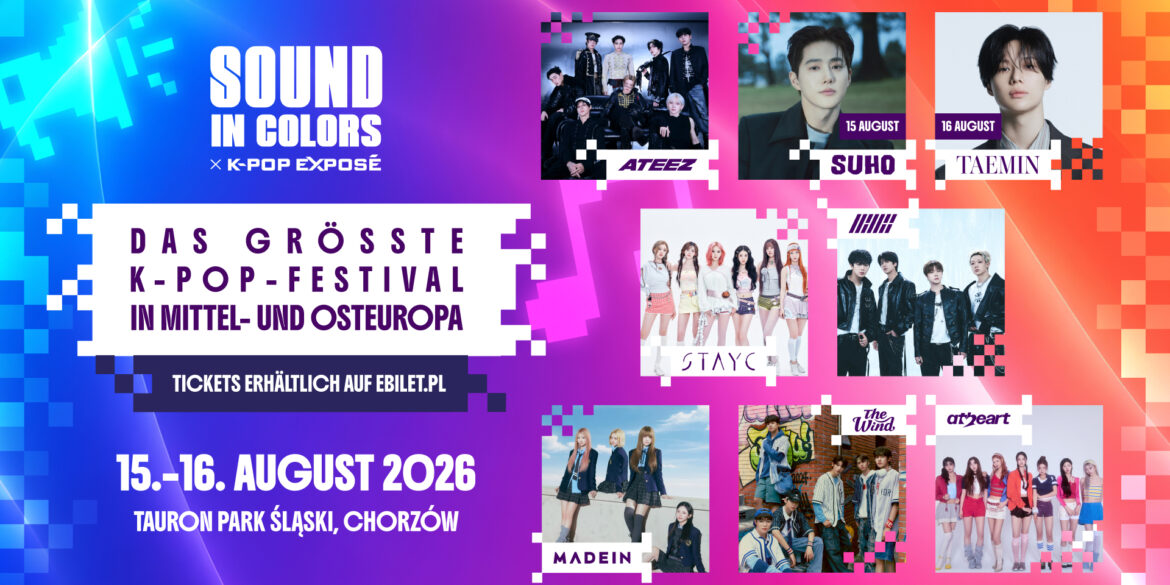 ATEEZ, TAEMIN, SUHO, iKON und STAYC live an einem Wochenende: Alle Infos zum Sound in Colors K-POP EXPOSÉ am 15. und 16. August 2026 in Chorzów, Polen.